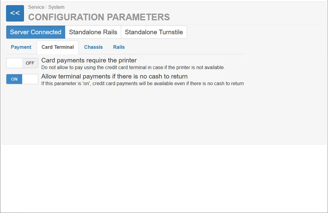 Configuration Parameters Page. Card Teminal Tab