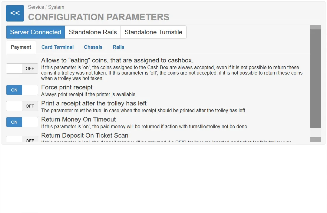 Configuration Parameters Page. Payment Tab