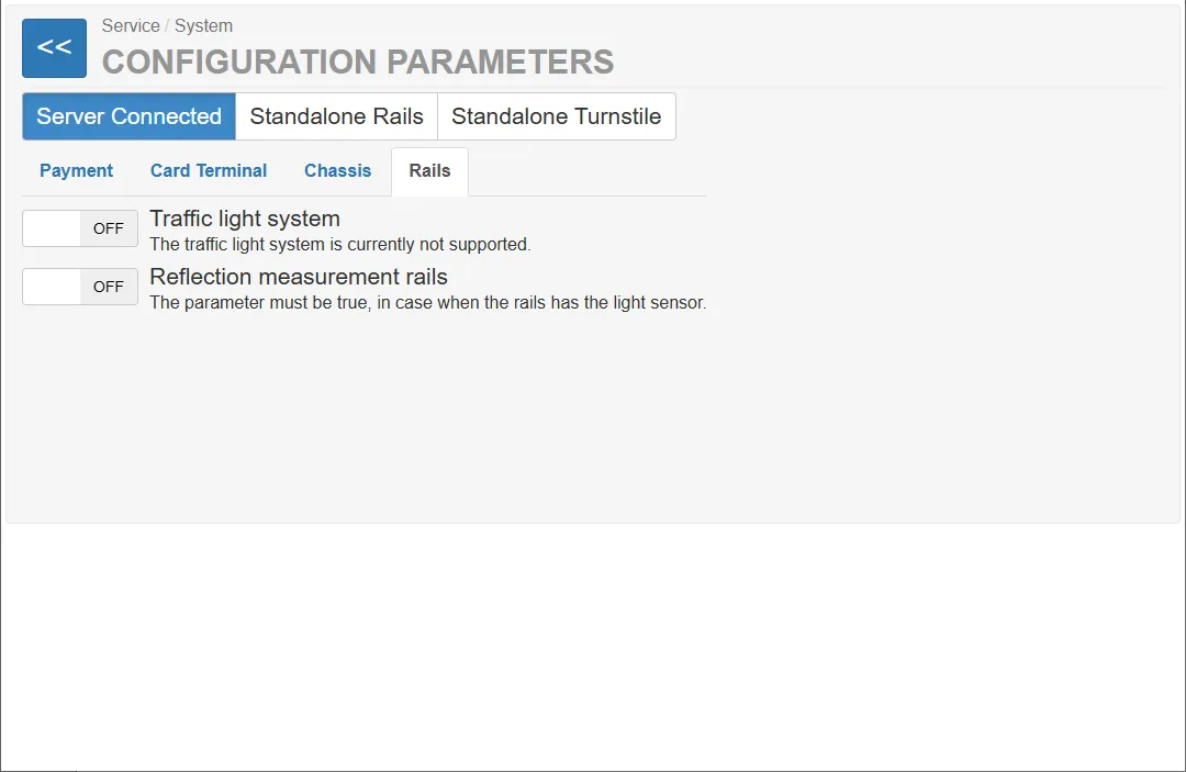 Configuration Parameters Page. Rails Tab